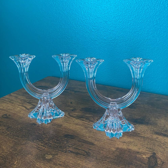 Pair of Clear Glass Art Deco Style Candelabra Candlestick Holders - Picture 10 of 10